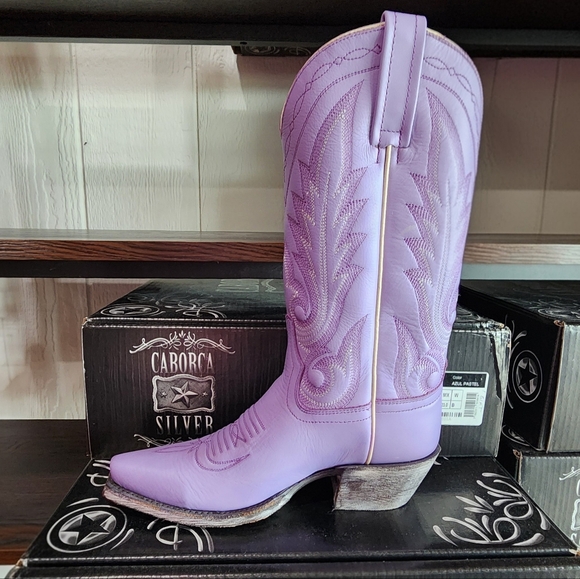 LIBERTY BLACK Lavender Leather Cowboy Boots Size 7 Caborca Silver Missouri Line - Picture 4 of 8